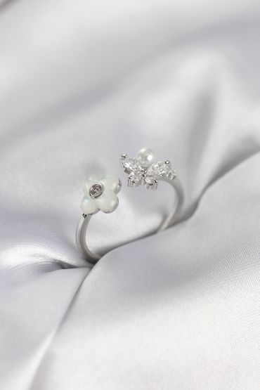 Gümüş Renk Sedefli Çiçek Model Kadın Yüzük - TJ-BYK3982