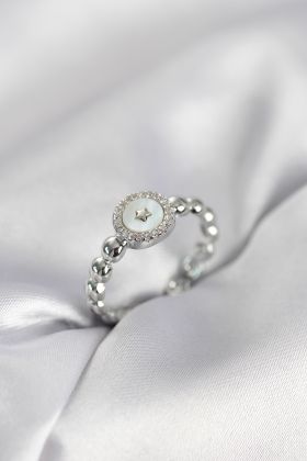 Gümüş Renk Sedefli Yıldız Model Zirkon Taşlı Kadın Yüzük - TJ-BYK4008