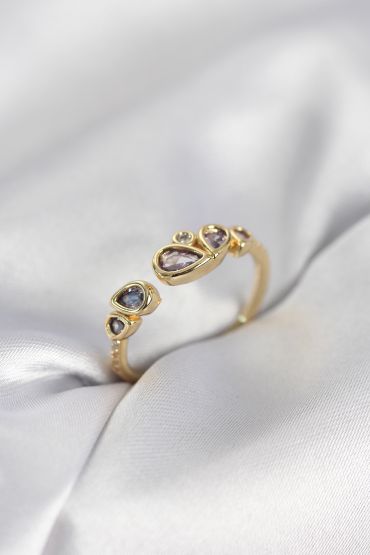 Gold Renk Mor Damla Zirkon Taşlı Kadın Yüzük - TJ-BYK4018