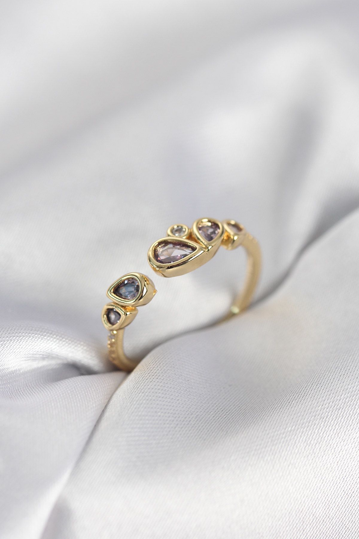 Gold Renk Mor Damla Zirkon Taşlı Kadın Yüzük - TJ-BYK4018