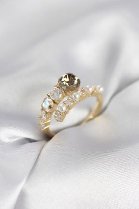 Gold Renk Pirinç Zirkon Taşlı İncili Kadın Yüzük - TJ-BYK4036