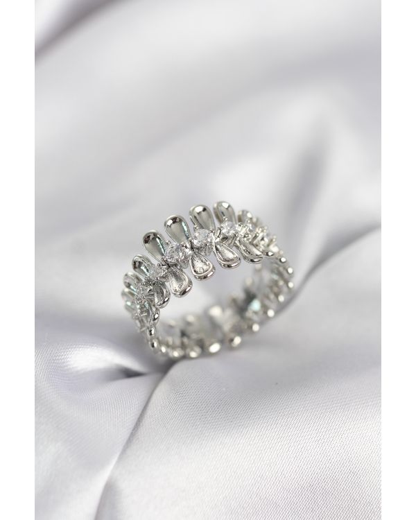 Gümüş Renk Zirkon Taşlı Sıralı Damla Model Kadın Yüzük - TJ-BYK4045