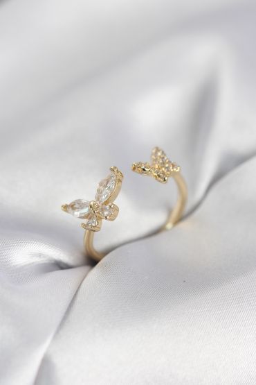 Kelebek Model Zirkon Taşlı Gold Renk Kadın Yüzük - TJ-BYK4078
