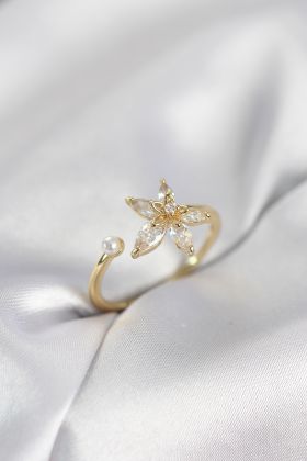 Lotus Model Zirkon Taşlı Gold Renk Kadın Yüzük - TJ-BYK4095