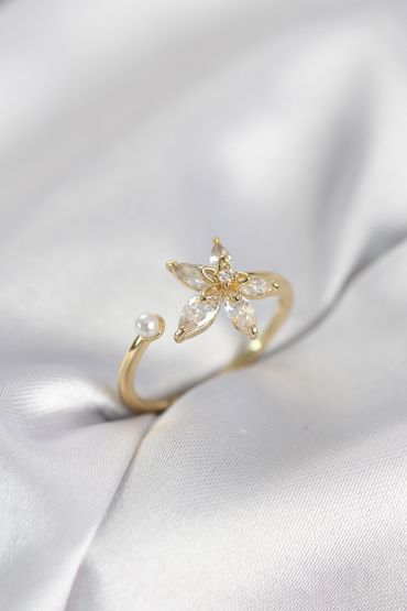 Lotus Model Zirkon Taşlı Gold Renk Kadın Yüzük - TJ-BYK4095