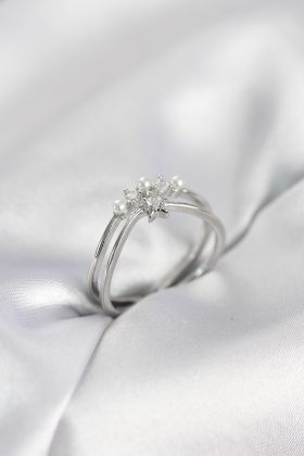 Gümüş Renk İncili Yıldız Model Zirkon Taşlı Kadın Yüzük - TJ-BYK4100