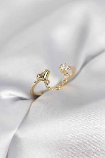 Zincir Sallantılı Kalp Model Gold Renk Kadın Yüzük - TJ-BYK4143