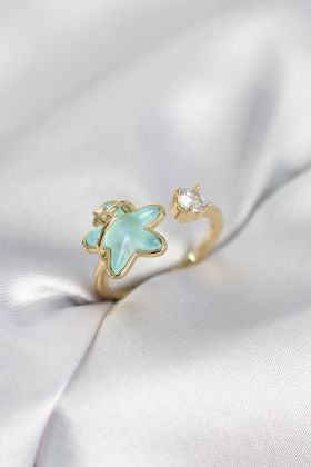 Gold Renk Turkuaz Yıldız Model Kadın Yüzük - TJ-BYK4147