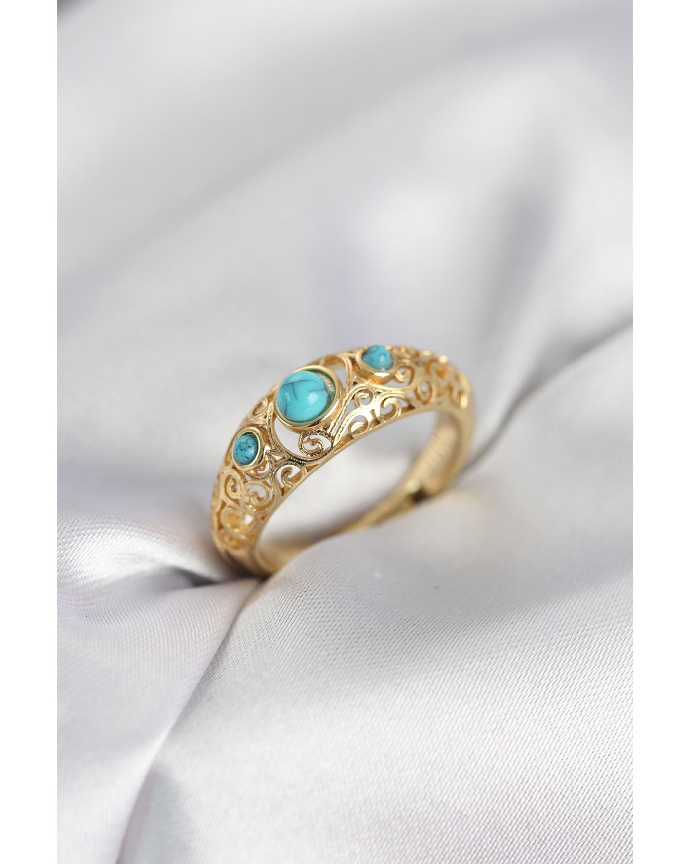 Vintage Model Mavi Taşlı Gold Renk Kadın Yüzük - TJ-BYK4149