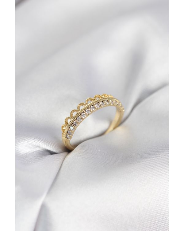 Motif Desenli Gold Renk Zirkon Taşlı Kadın Yüzük - TJ-BYK4151