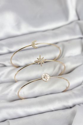 Gold Renk Zirkon Taşlı Kutup Yıldızı Model 3'lü Kadın Bileklik Kombini - TJ-BB8355