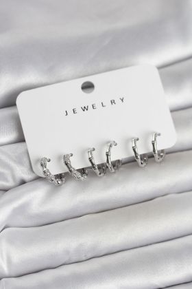 Gümüş Renk Pirinç Kemik Model 3 Çift Kadın Küpe Seti - TJ-BKP11647