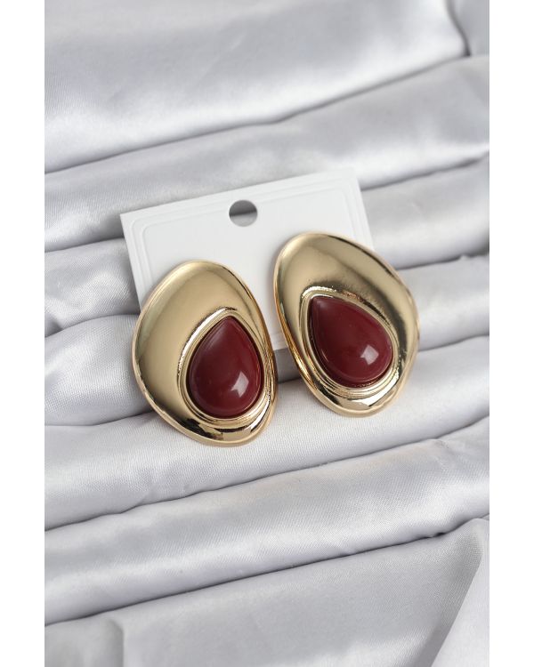 Pirinç Gold Renk Bordo Taşlı Damla Model Vintage Kadın Küpe - TJ-BKP11682