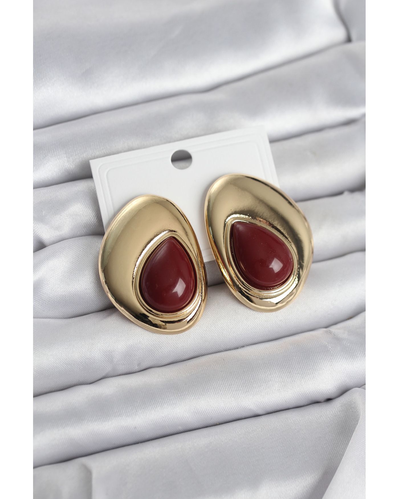 Pirinç Gold Renk Bordo Taşlı Damla Model Vintage Kadın Küpe - TJ-BKP11682