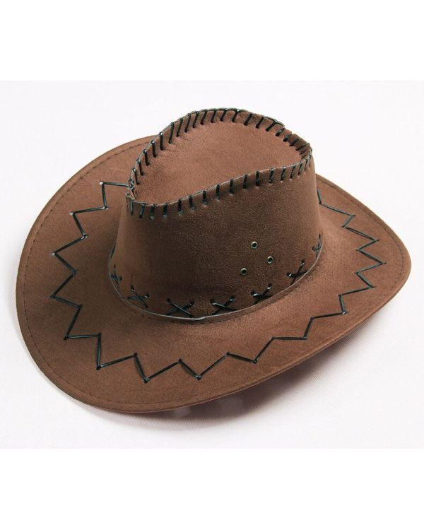 Bağcıklı Çuk Boy Nubuk Süet Kovboy Şapkası Koyu Kahve Renk