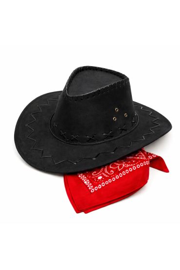 Çuk Kovboy Şapka Siyah &amp Kırmızı Bandana Seti