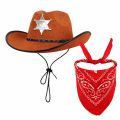 Çuk Kovboy Şapka Rozetli Kahverengi &amp Kırmızı Bandana Seti
