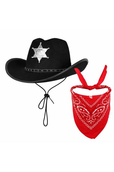 Çuk Kovboy Şapka Rozetli Siyah &amp Kırmızı Bandana Seti