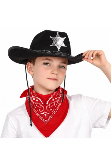 Çuk Kovboy Şapka Rozetli Siyah &amp Kırmızı Bandana Seti