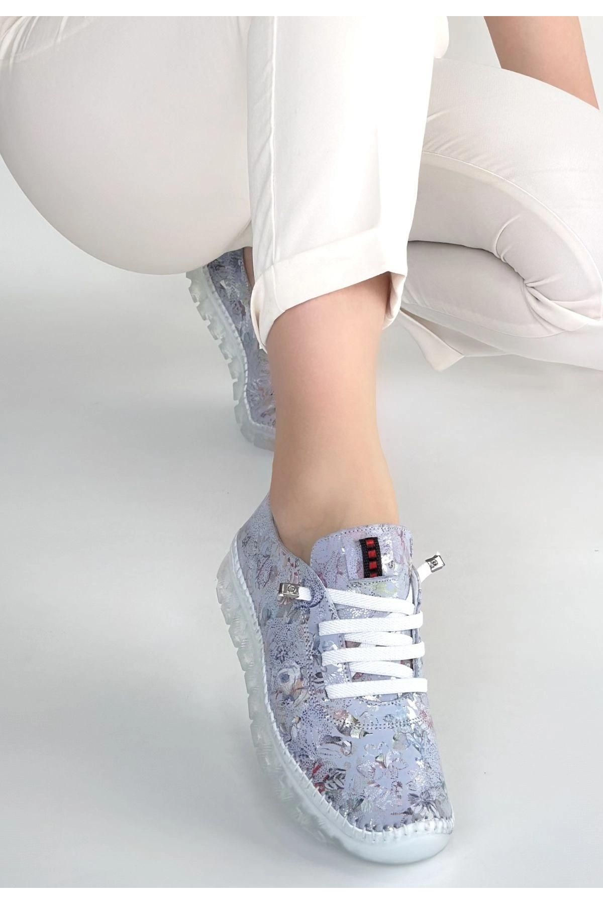 Kinte Lila Desenli Deri Bağcıklı Spor Ayakkabı