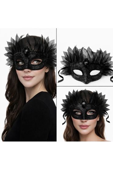 Siyah Taşlı Venedik Maskesi Lüks Tüllü Parti Maskesi