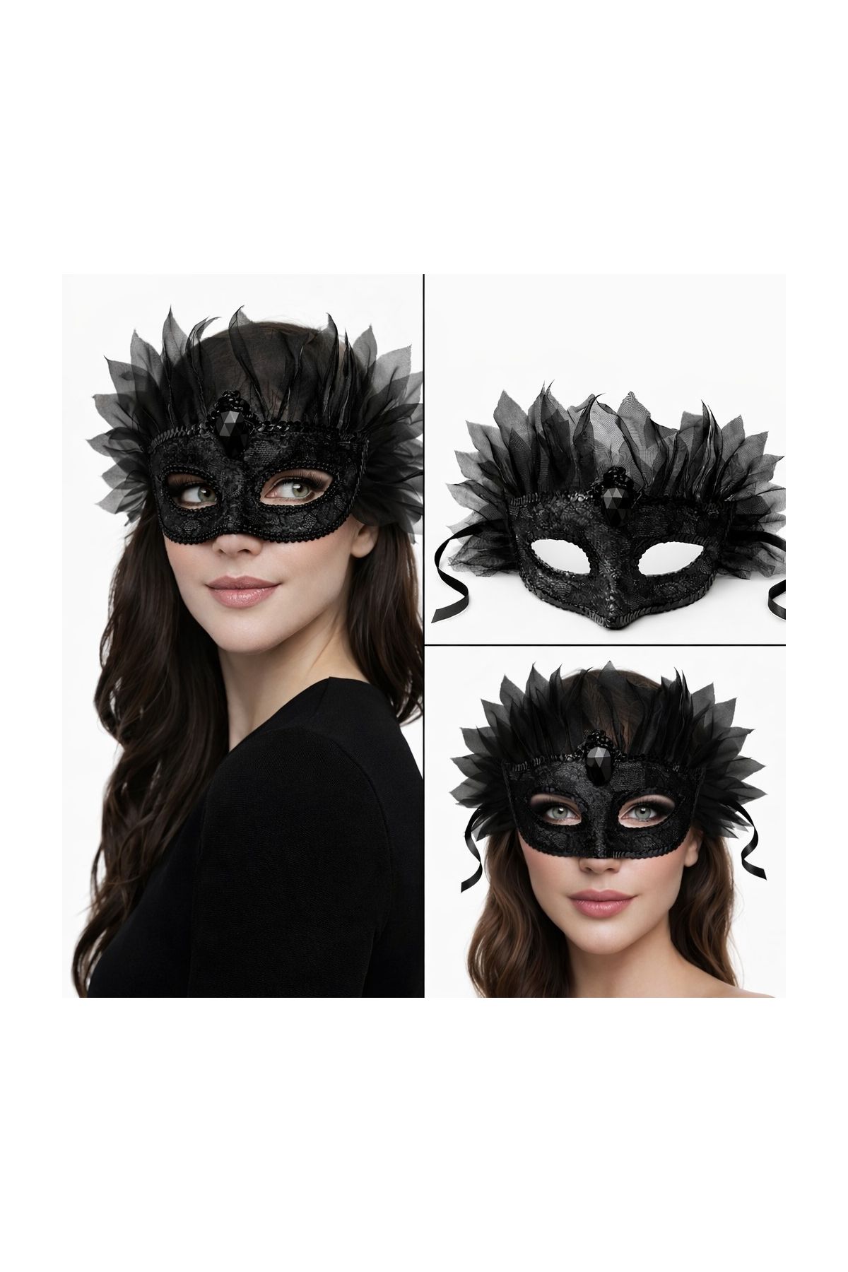 Siyah Taşlı Venedik Maskesi Lüks Tüllü Parti Maskesi