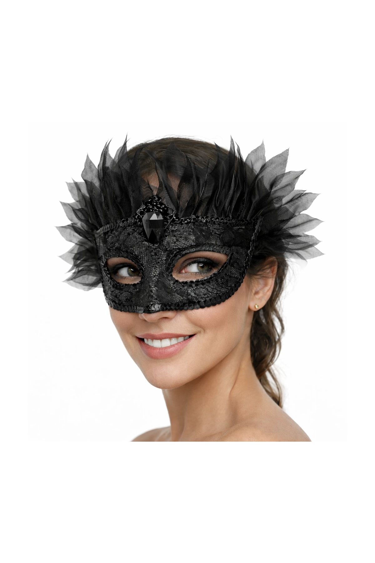 Siyah Taşlı Venedik Maskesi Lüks Tüllü Parti Maskesi