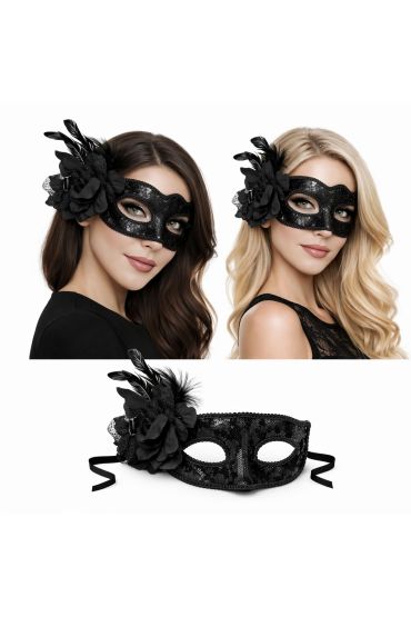 Siyah Venedik Parti Maskesi – Çiçekli Tüylü Payetli