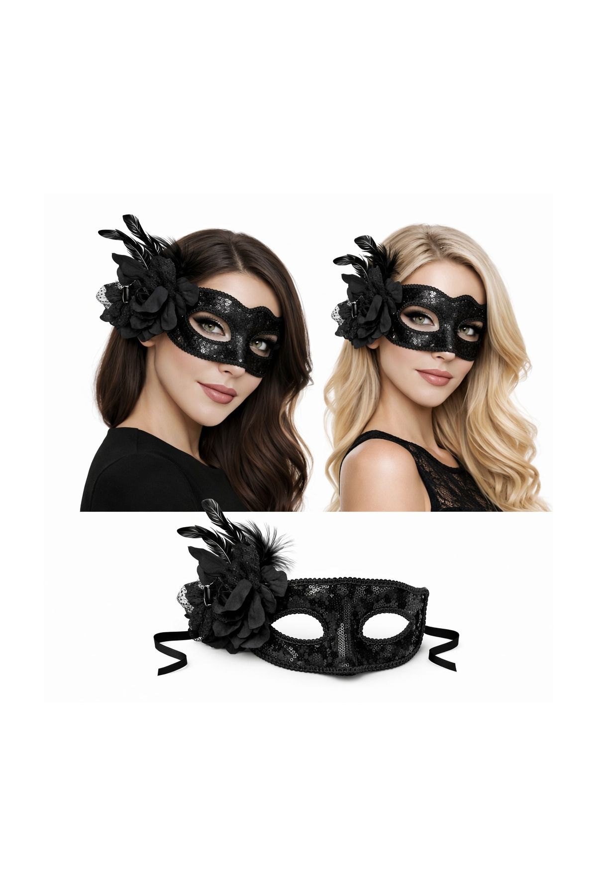 Siyah Venedik Parti Maskesi – Çiçekli Tüylü Payetli