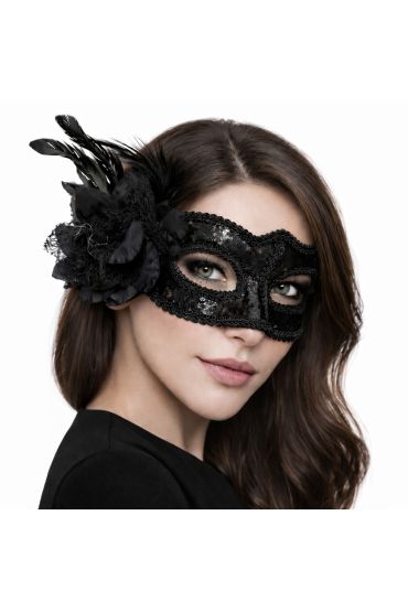 Siyah Venedik Parti Maskesi – Çiçekli Tüylü Payetli