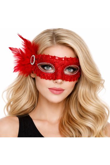 Kırmızı Taşlı Venedik Parti Maskesi – Tüylü Payetli