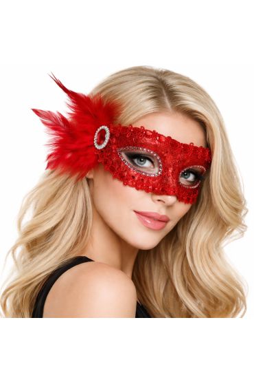 Kırmızı Taşlı Venedik Parti Maskesi – Tüylü Payetli