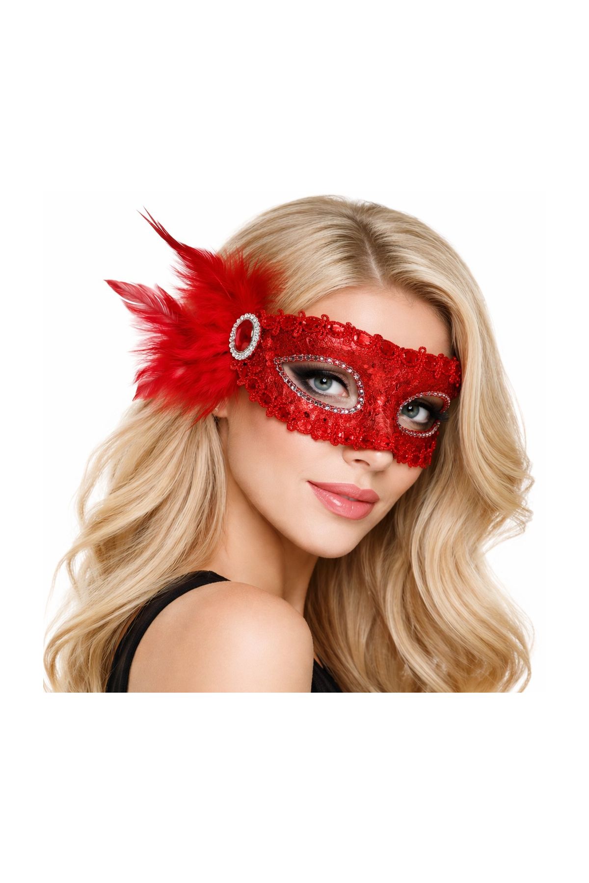 Kırmızı Taşlı Venedik Parti Maskesi – Tüylü Payetli
