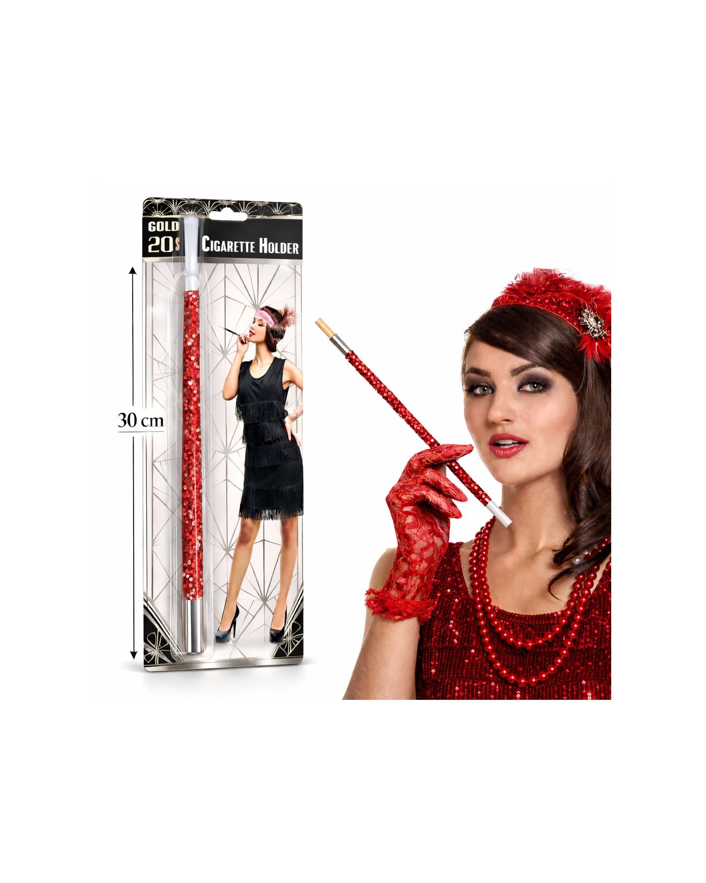 30 cm Kırmızı Payetli Sigara Tutacağı – 1920’ler Gatsby Parti Aksesuarı