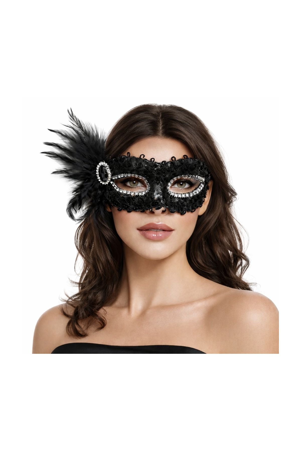 Siyah Taşlı Venedik Parti Maskesi – Tüylü Payetli