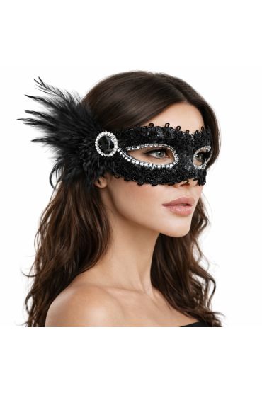 Siyah Taşlı Venedik Parti Maskesi – Tüylü Payetli