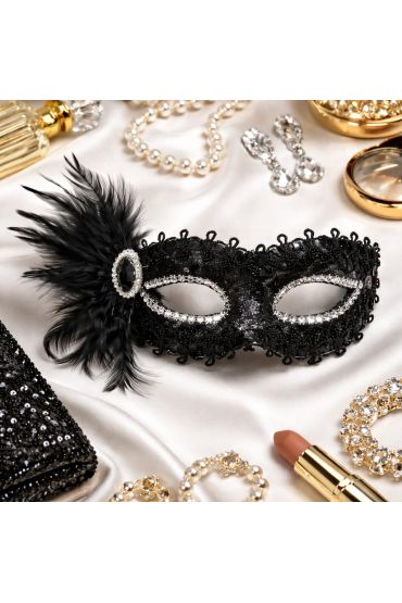 Siyah Taşlı Venedik Parti Maskesi – Tüylü Payetli