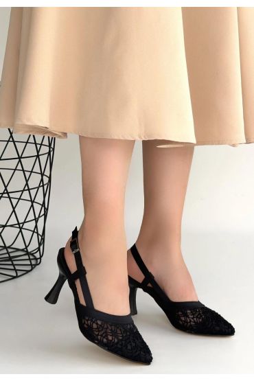 Ceta Siyah Cilt Tül Detaylı Topuklu Ayakkabı