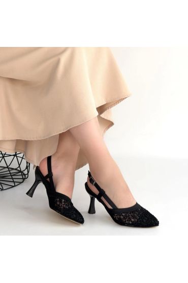 Ceta Siyah Cilt Tül Detaylı Topuklu Ayakkabı