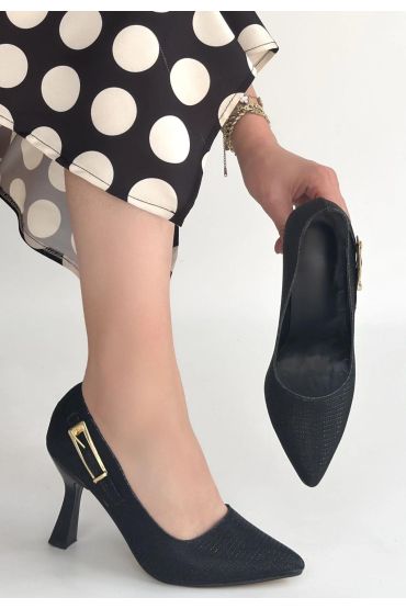 Cerin Siyah Saten Simli Topuklu Ayakkabı