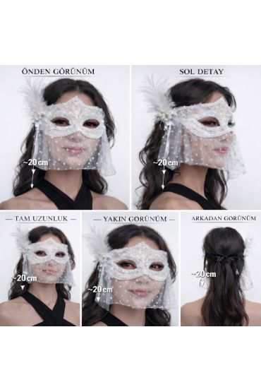 Beyaz Dantel Tüllü Peçeli Parti Maskesi – Tüylü İnci Detaylı