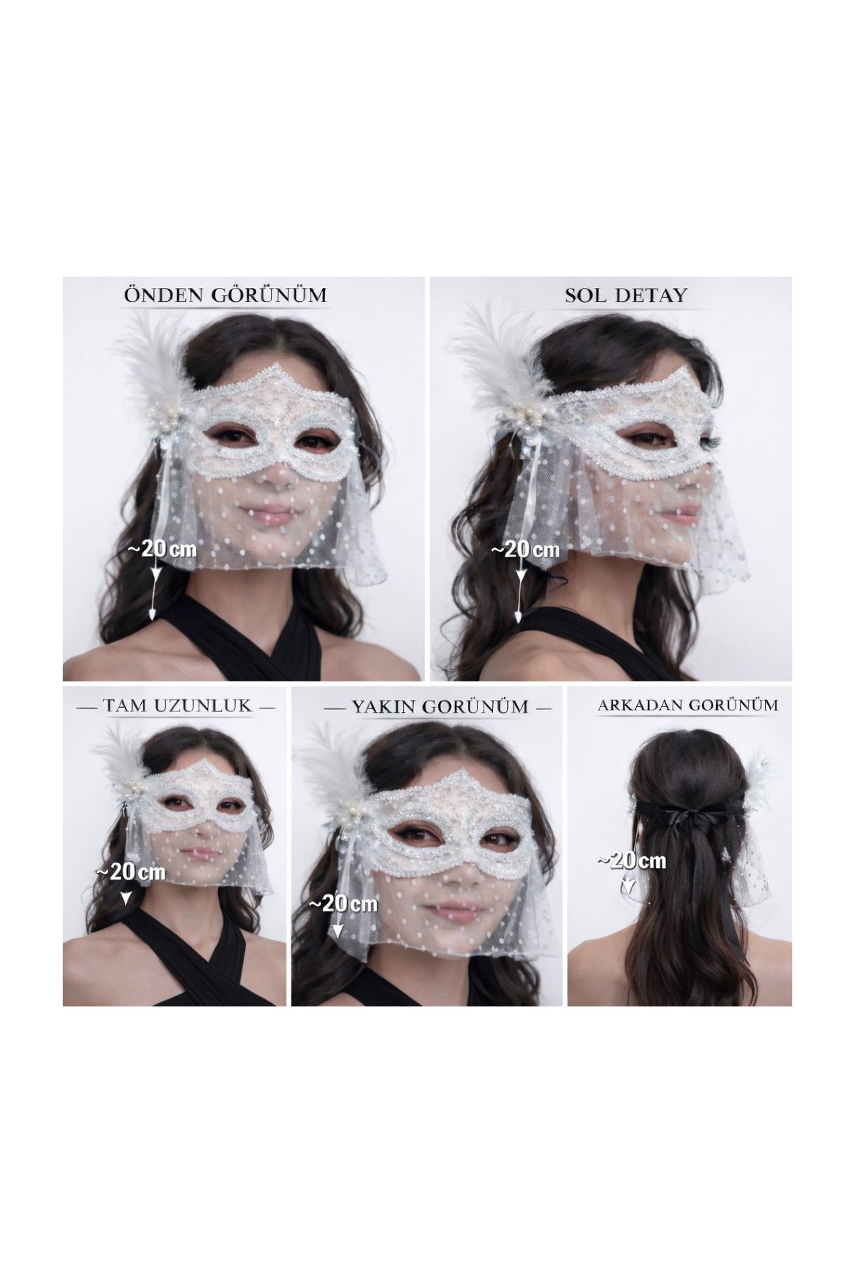Beyaz Dantel Tüllü Peçeli Parti Maskesi – Tüylü İnci Detaylı
