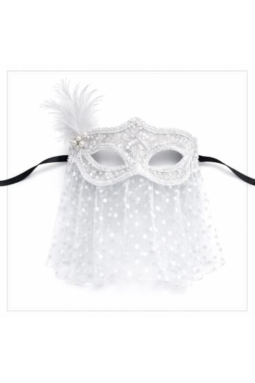 Beyaz Dantel Tüllü Peçeli Parti Maskesi – Tüylü İnci Detaylı