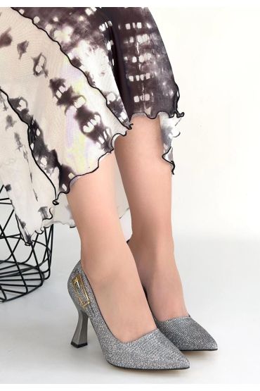 Cerin Gümüş Saten Simli Topuklu Ayakkabı