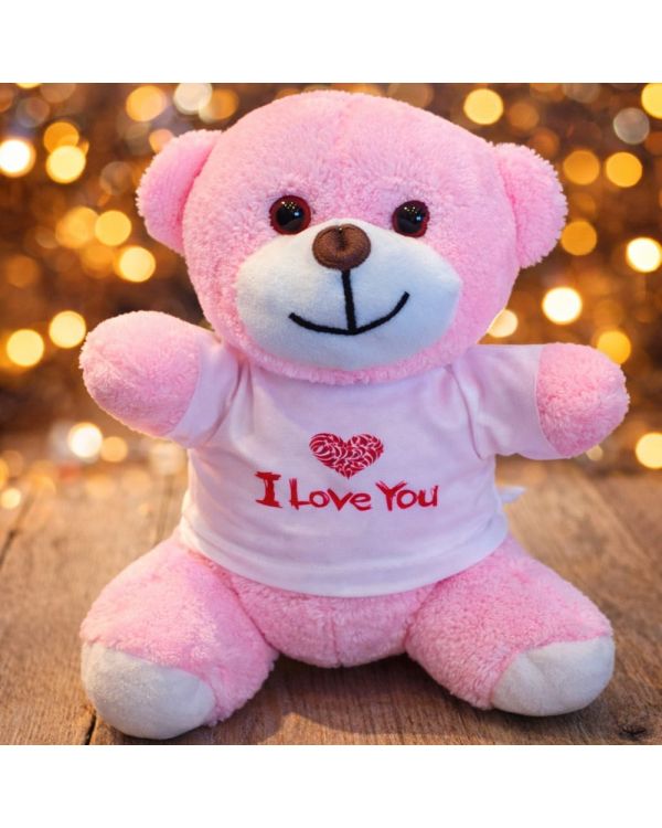 Pembe I Love You Tasarım Tişörtlü Ayıcık