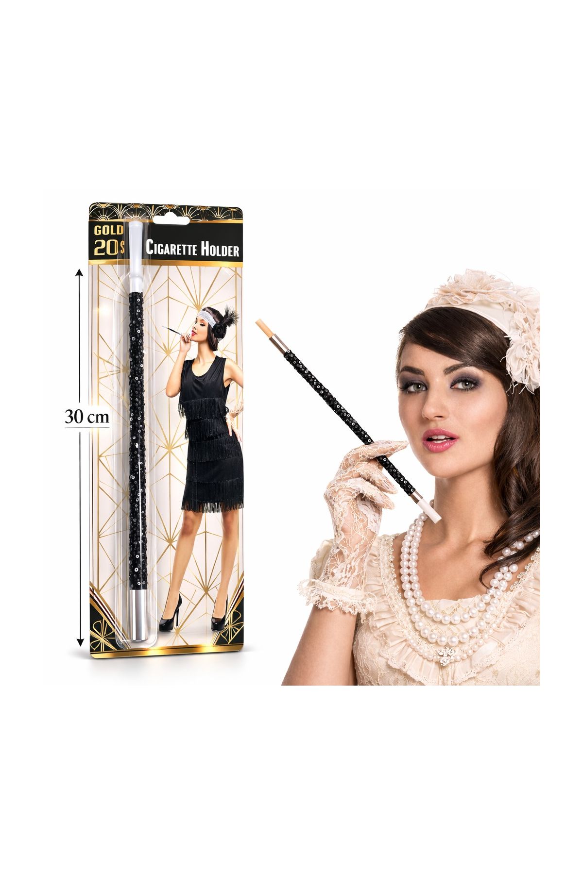 30 cm Siyah Payetli Sigara Tutacağı – 1920’ler Gatsby Parti Aksesuarı