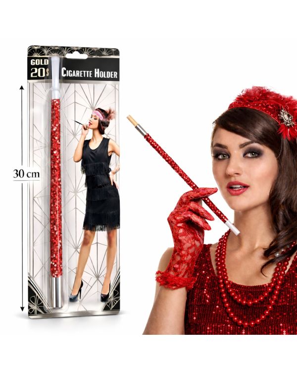 30 cm Kırmızı Payetli Sigara Tutacağı – 1920’ler Gatsby Parti Aksesuarı