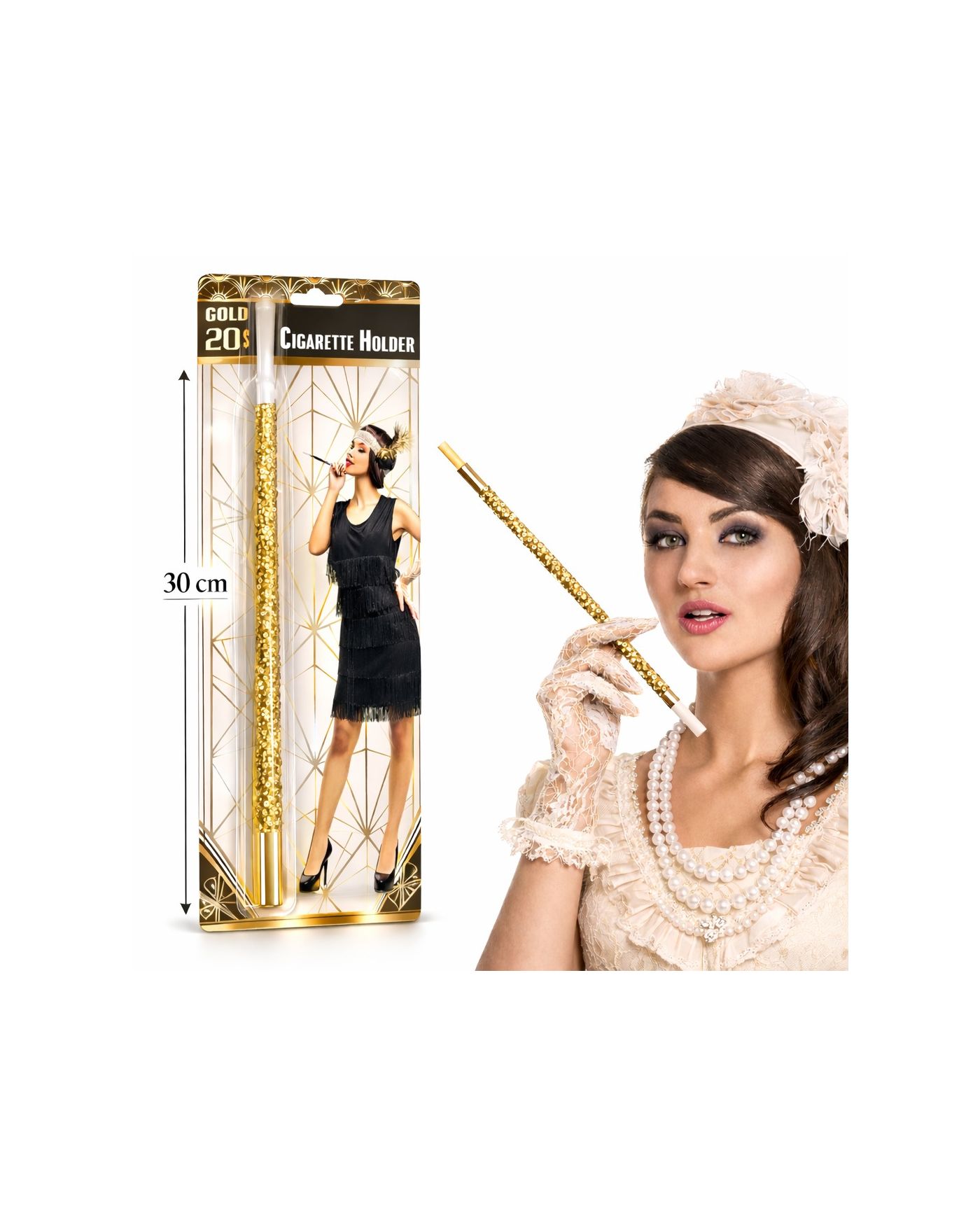 30 cm Altın Gold Payetli Sigara Tutacağı – 1920’ler Gatsby Parti Aksesuarı