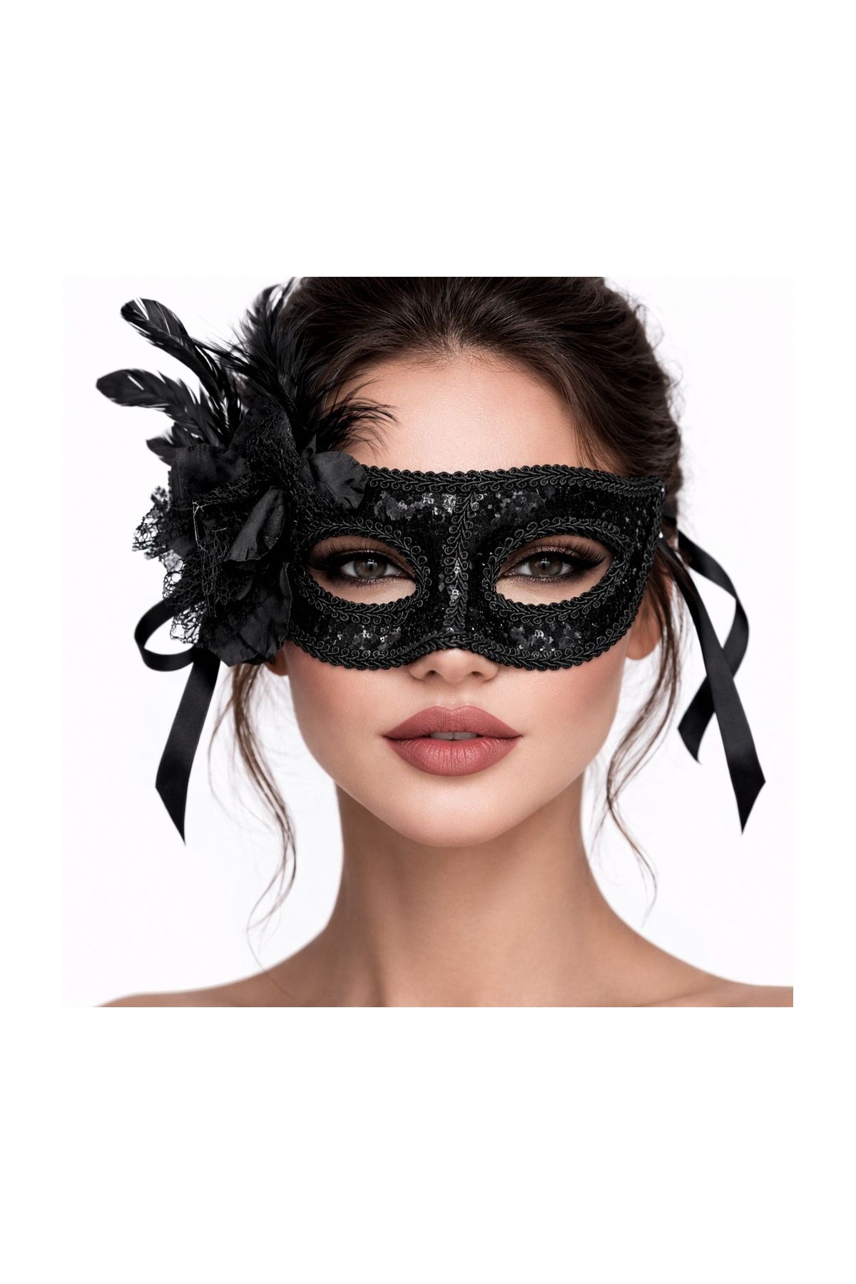 Siyah Venedik Parti Maskesi – Çiçekli Tüylü Payetli