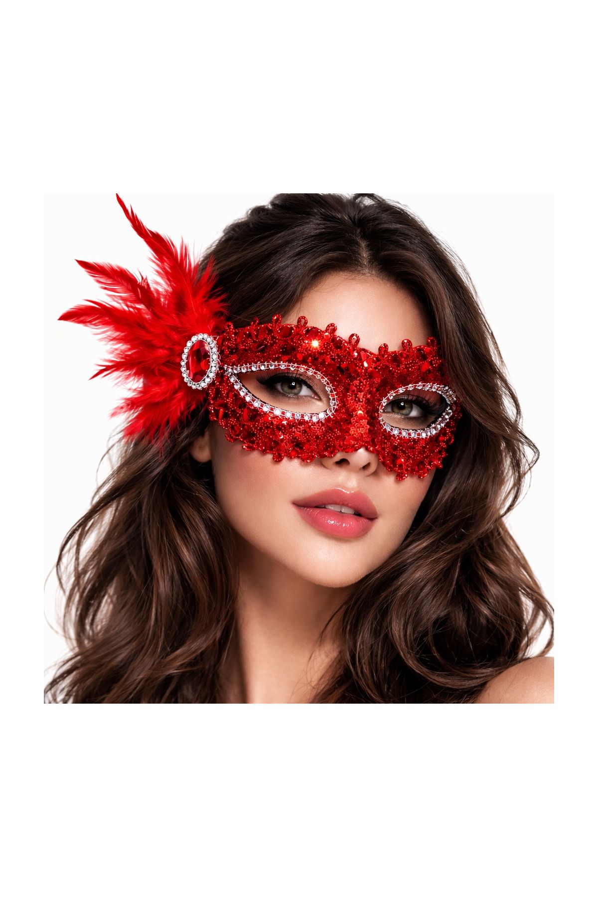 Kırmızı Taşlı Venedik Parti Maskesi – Tüylü Payetli
